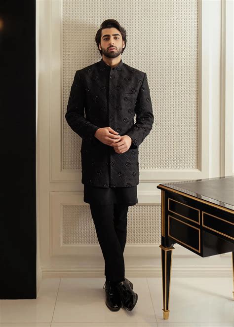 ZGMS1209 Black Raw Silk Sherwani | Sherwani, Black korean, Mens outfits