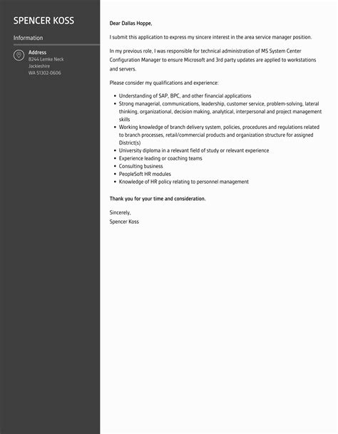 Area Service Manager Cover Letter | Velvet Jobs