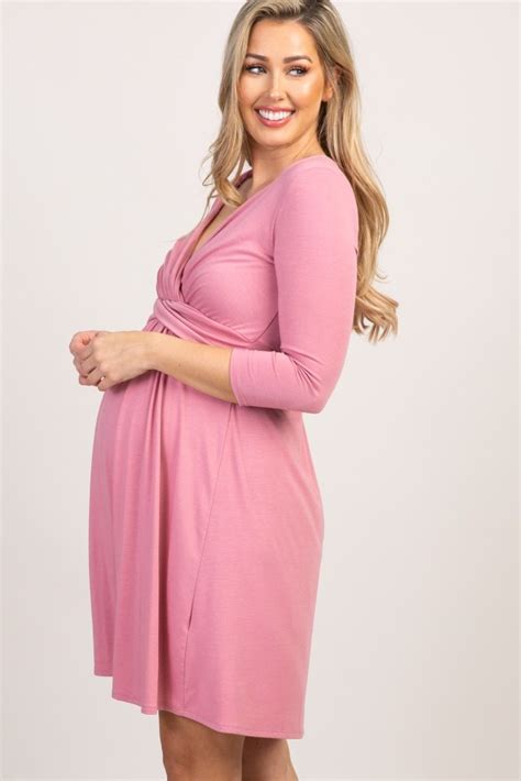 Pink Wrap 3 4 Sleeve Maternity Nursing Dress In 2020 Nursing Dress