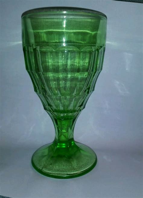 Water Goblet Green Depression Glass Block Optic Colonial Uranium
