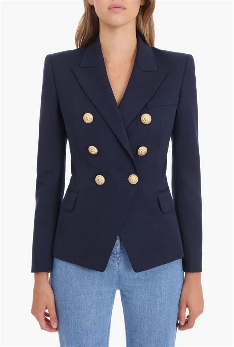 Navy Blue Double Breasted Wool Blazer For Women Balmain In