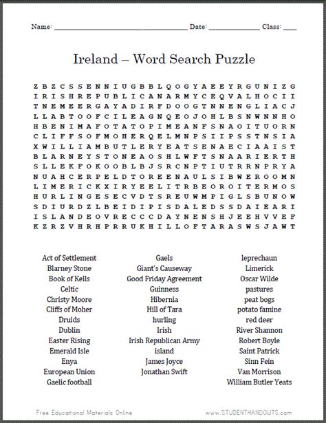 Ireland Word Search Puzzle | Student Handouts