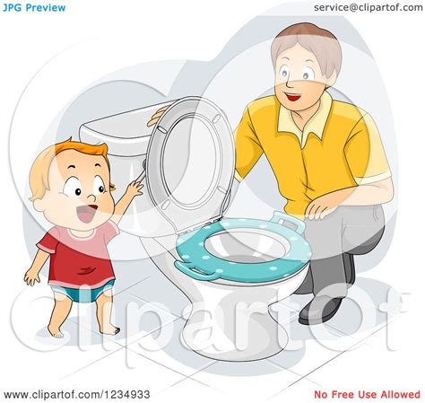 Clipart Of A Dad Instructing His Potty Training Son How To Flush A