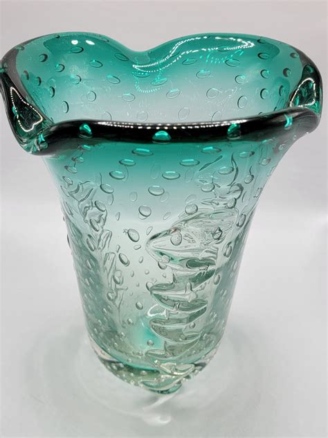 Murano Bubble Glass Art Vase Green And Clear With Abstract Etsy