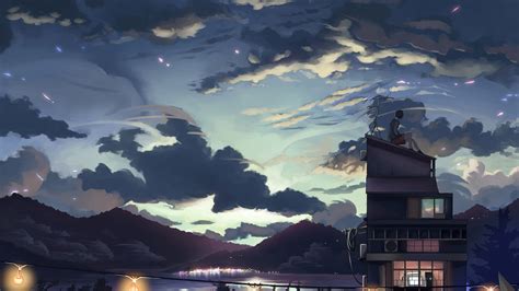 2560x1440 A Cloudy Evening Anime Girl Sitting Rooftop 4k 1440p