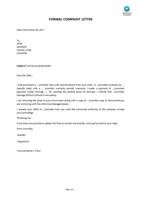 Professional Formal Complaint Letter Sample Templates At