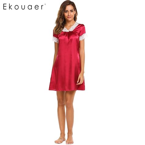 Ekouaer Satin Night Dress Women Casual V Neck Short Sleeve Lace Patchwork Nightgown Sleepwear