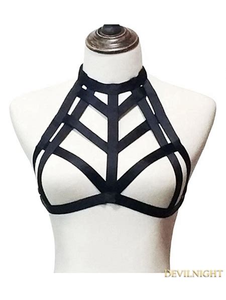 black elastic gothic harness cupless cage bra uk