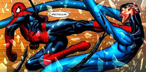 Spider Man And Black Widow Fight In Front Of Shattered Glass With The