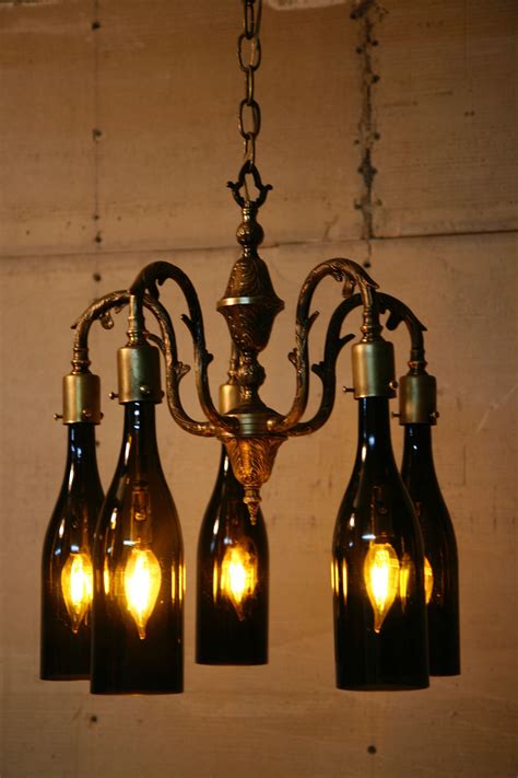 Recycled Antique Chandelier Using Wine Bottles As Globes Recyclart