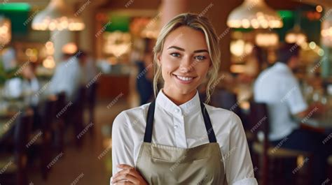 Premium Photo Generative Ai Portrait Of A Cheerful Female Waitress