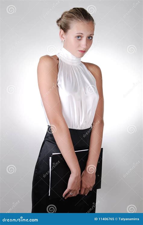 Young Blonde Shy Businesswoman Holding Folder Stock Image Image Of