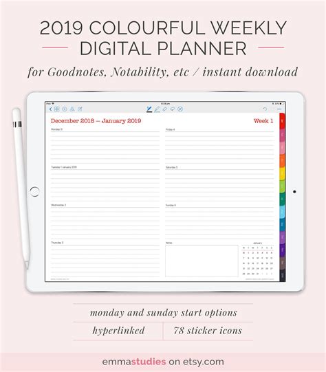 2019 Digital Weekly Colourful Planner With Tabs Customisable Etsy