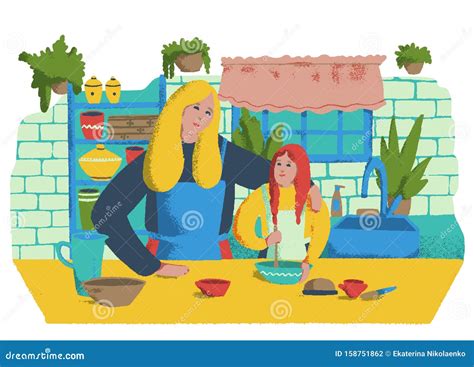 Maman Et Fille Cuisinent Ensemble Dans La Cuisine Illustration De Vecteur Illustration Du