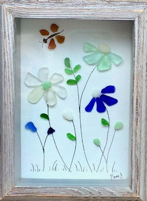 Sea Glass Framed Artwork Flowers Picture Butterfly Sea Glass Crafts Sea Glass Art Projects