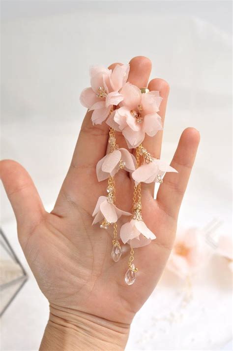 Blush Pink Earrings Long Flower Ivory Earrings Tassels Silk Etsy In