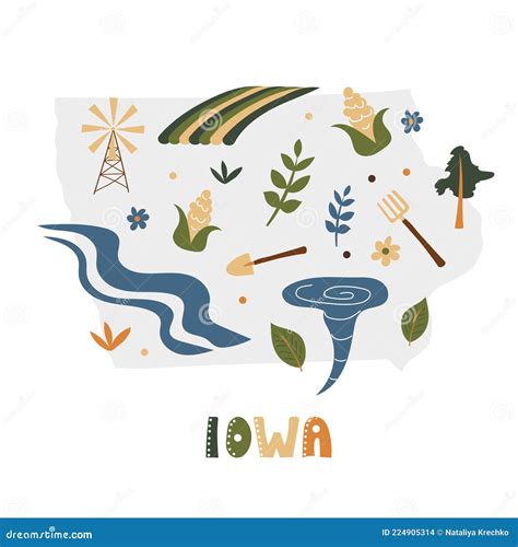 Usa Map Collection State Symbols On Gray State Silhouette Iowa Stock