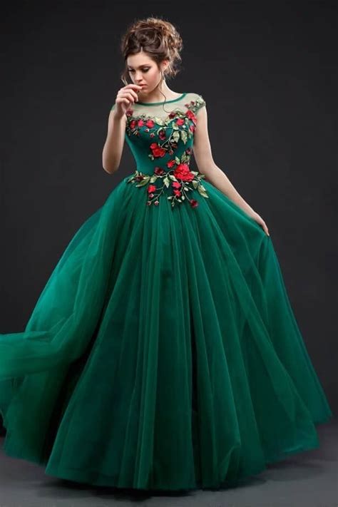 Emerald Green Ball Gown Prom Dress 3d Floral Applique Evening Gown