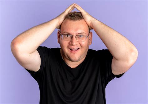 Free Photo Overweight Man In Glasses Wearing Black T Shirt Happy And