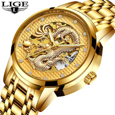 Lige Automatic Mechanical Gold Dragon Watch Men Chinese Style Watches