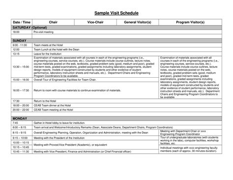 Visit Schedule Template Printable Templates