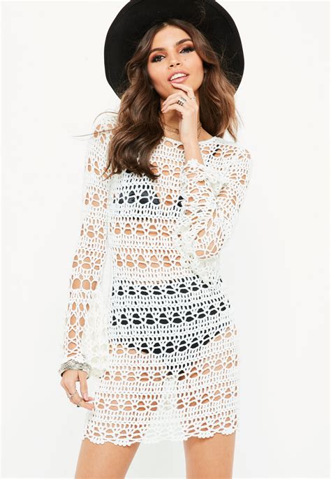 White Flare Sleeve Backless Knitted Crochet Dress Missguided