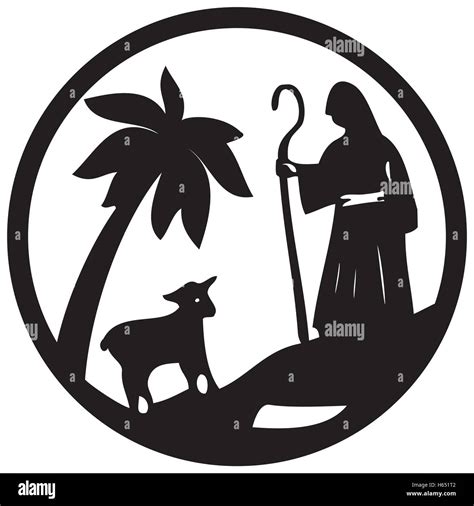 Shepherd And Sheep Silhouette Icon Vector Illustration Black On White