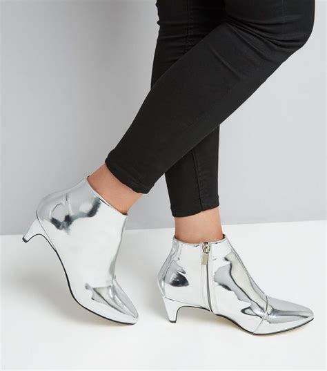 Silver Metallic Kitten Heel Ankle Boots New Look Kitten Heel Ankle