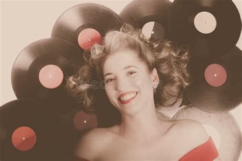 Classic Pin Up Girl On Vintage Vinyl Lp Records Stock Photo Image Of