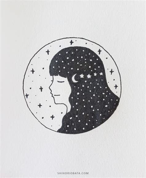 A Drawing Of A Womans Face With Stars In The Sky Above Her Head