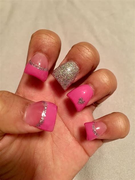 Pink With Glitter Heart Acrylic Nails Nail Designs Nails Glitter