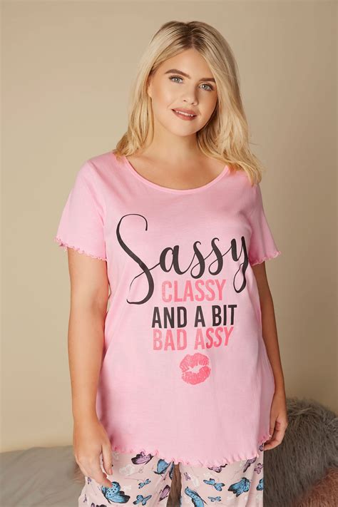 Pink Sassy Classy And A Bit Bad Assy Slogan Pyjama Top Plus Size 16