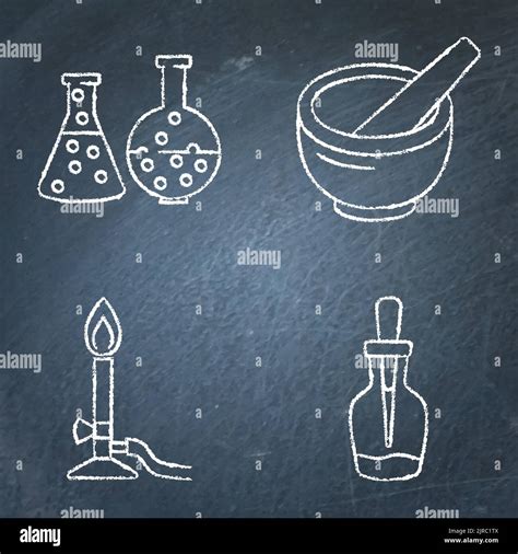 Chemistry Science Icon Set On Chalkboard Chemical Laboratory Equipment
