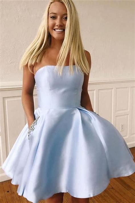 Cute Strapless Light Blue Short Homecoming Dress With Beaded Pockets