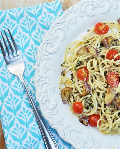 Perfect Basil Pesto Pasta With Grilled Eggplant And Cherry Tomatoes
