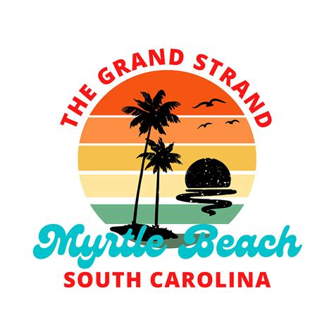 The Grand Strand Myrtle Beach South Carolina Sunset Retro Script Palm Trees Seagulls Silhouette