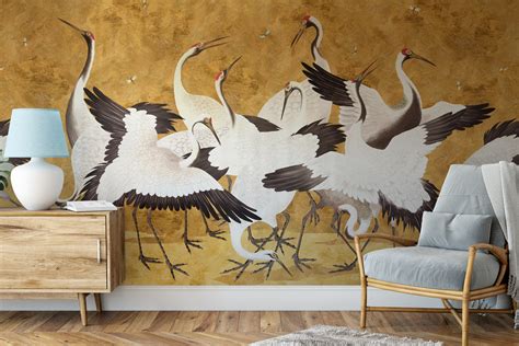 Golden Cranes Wallpaper Removable Peel And Stick Mural Japanese Heron