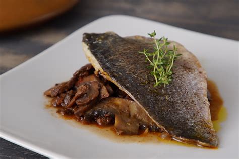 Sea Bass With Mushrooms And Xinomavro Red Wine Greek Food Greek Cooking Greek Recipes By