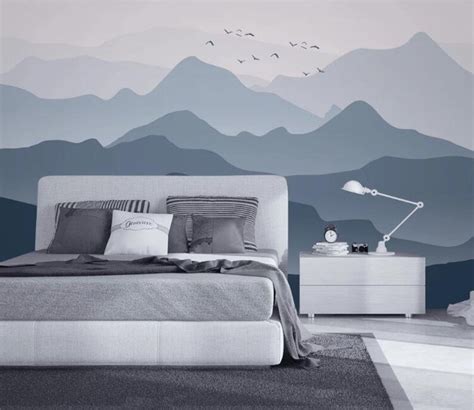 Ombre Mountain Landscape Birds Removable Wall Fabric Wallpaper Etsy