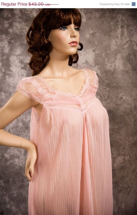 Vintage Nightgown Pleated Pink Sheer Chiffon Gown With Union Etsy Vintage Nightgown Night