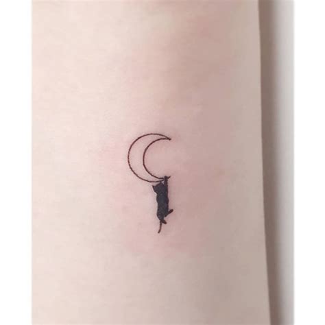 Minimalistic Style Black Cat And Moon Tattoo Done On