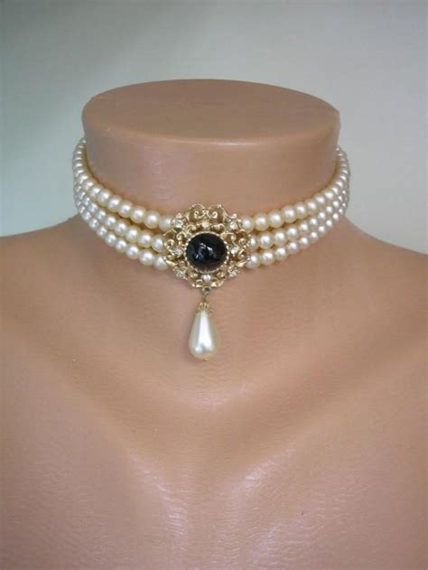 Vintage Sphinx Pearl Choker 3 Strand Pearls Vintage Pearls Faux Onyx