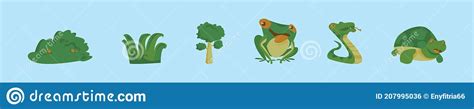 Set Of Green Plants And Animals Cartoon Icon Design Template With