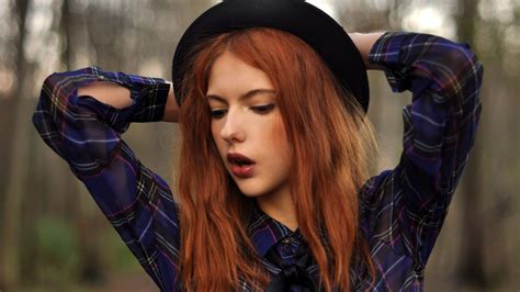 wallpaper women redhead cosplay model glasses hat photography blue fashion plaid