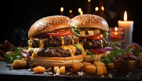 Premium Ai Image Grilled Beef Burger With Melted Cheddar Cheese