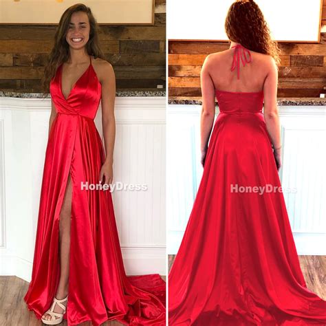 Honey Dress — Sexy Red Satin Spaghetti Strap Deep V Neck A Line Prom Dress With Side Slit Sweep