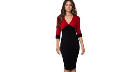 Women Elegant V Neck Colorblock Contrasting Casual Work Business Office Drapped Fitted Bodycon
