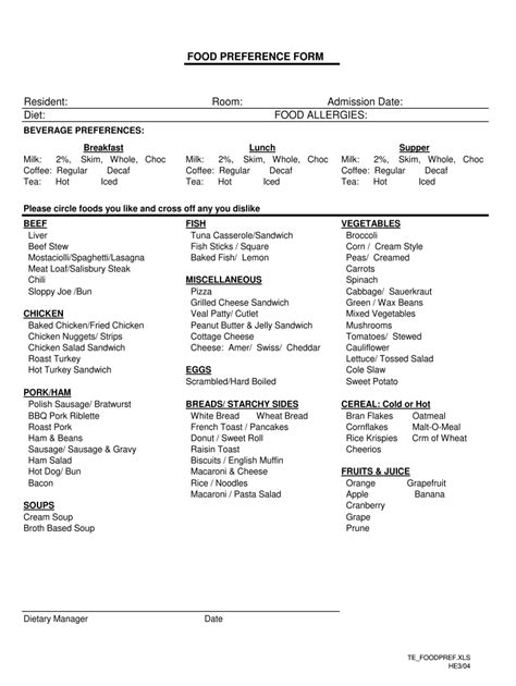 Food Preference Sheet Fill Out And Sign Online Dochub