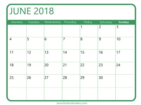 June 2018 Calendar Printable Templates