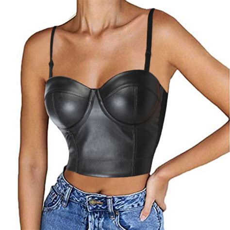 black leather bustier crop top gothic punk push up women s corset top bra raves give you more